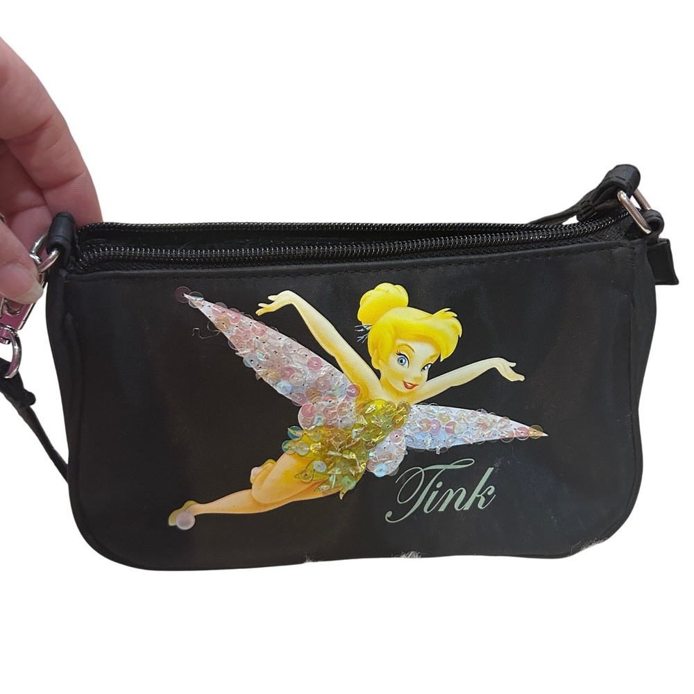 3/$15 Disney Tinkerbell Fairy Small Black Cosmetic Bag Pouch Zipper Top Handle
